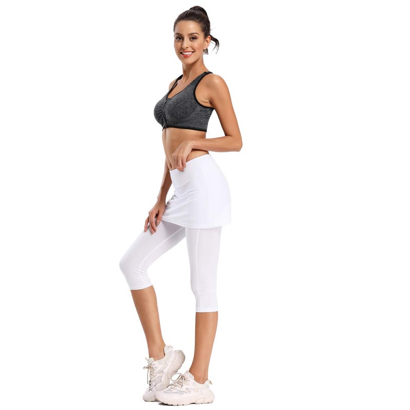 Ibeauti Womens UPF 50+ Yoga Skirted Capri Leggings Golf Tennis Pants with Skirt for Running Workout Active (White, Medium) - Image 5